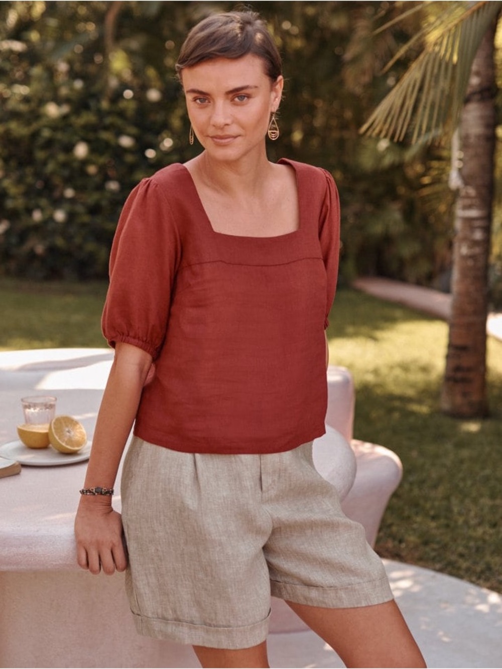 Garnet Hill Linen Square-Neck Puff Sleeve Top in Terracotta